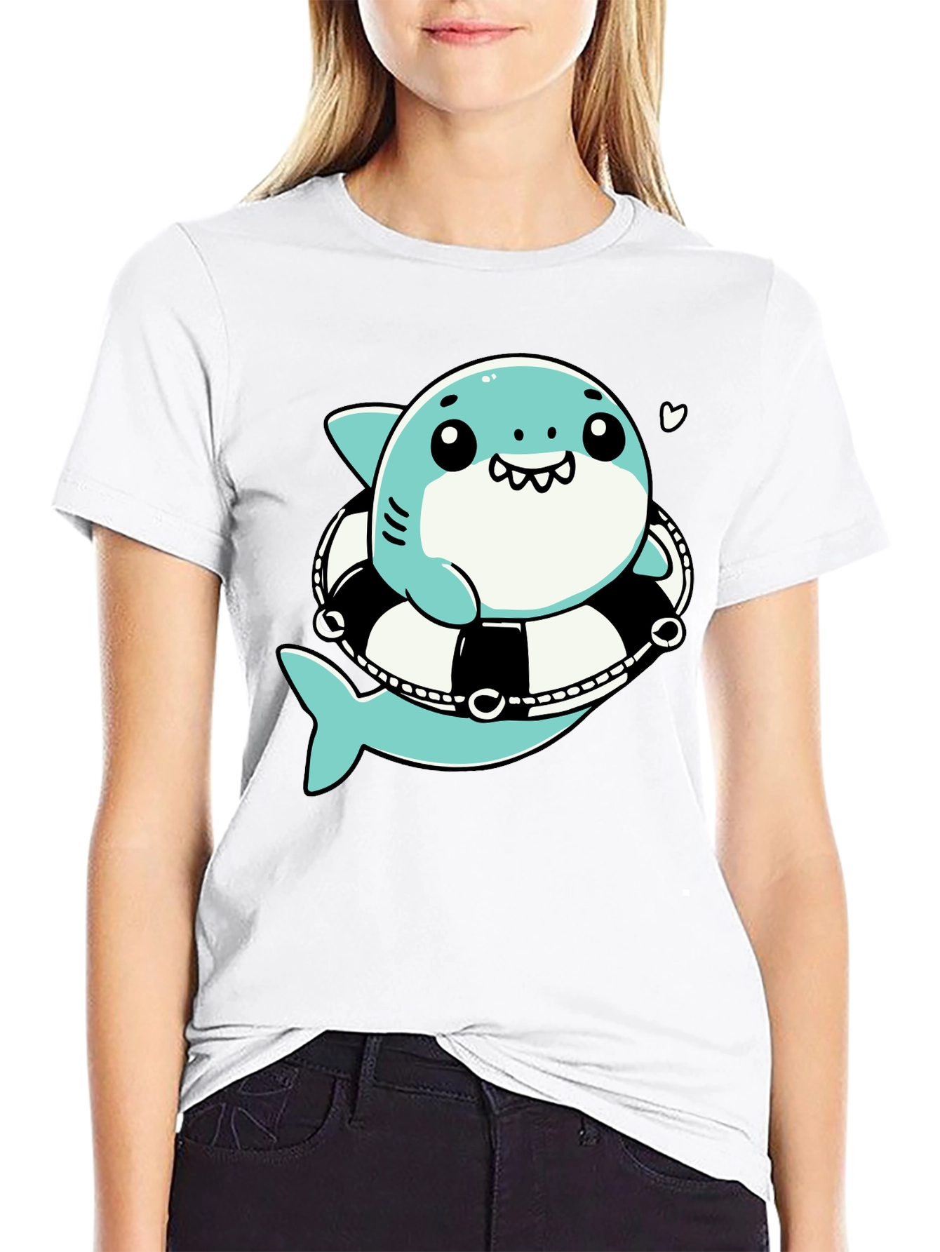Cute Shark in Life Ring Graphic Tee - Black Cotton T-Shirt