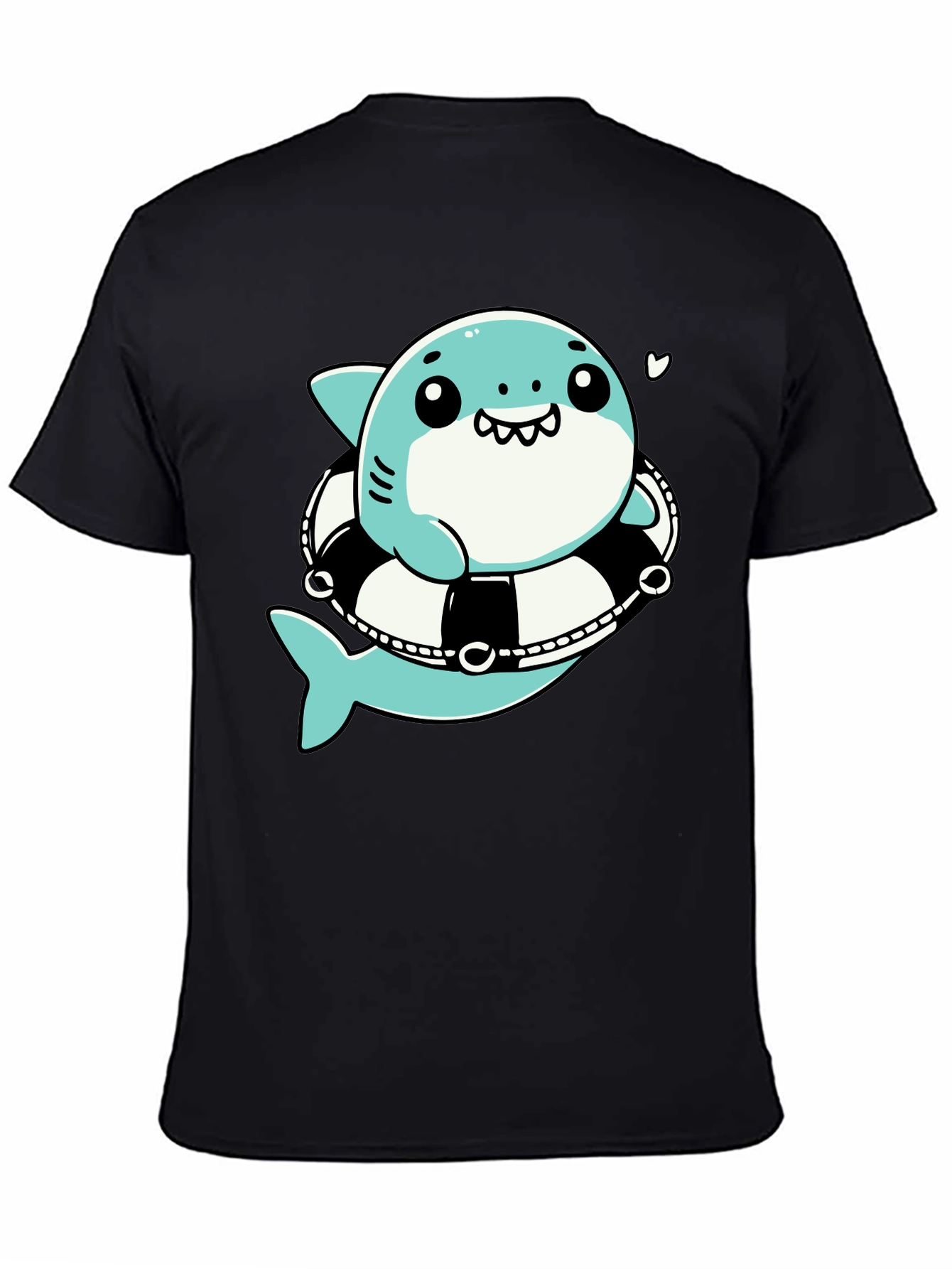 Cute Shark in Life Ring Graphic Tee - Black Cotton T-Shirt