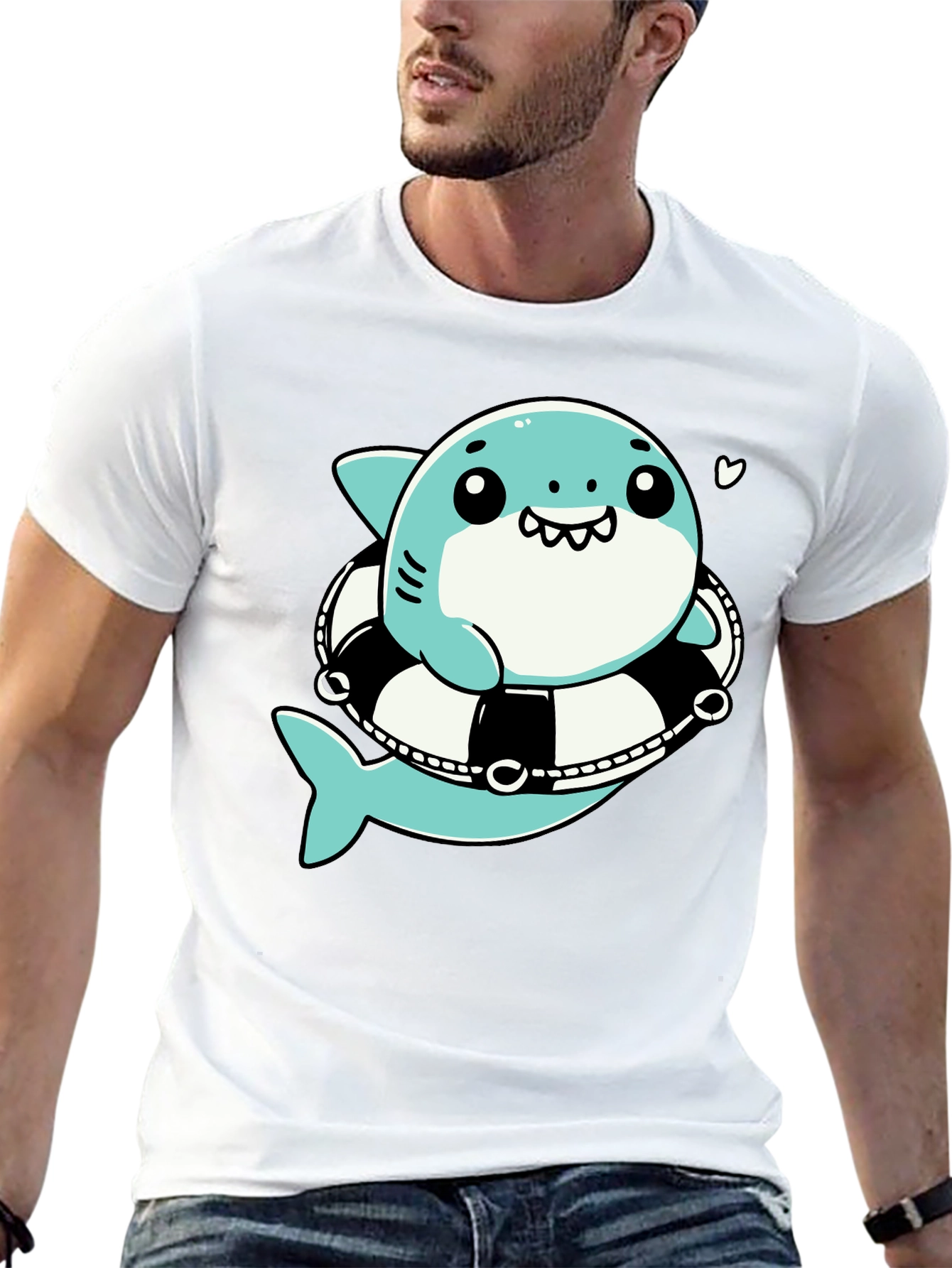 Cute Shark in Life Ring Graphic Tee - Black Cotton T-Shirt