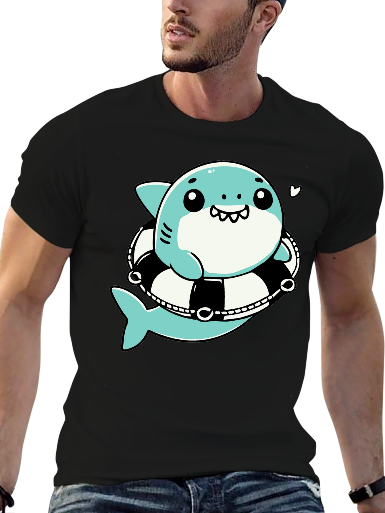 Cute Shark in Life Ring Graphic Tee - Black Cotton T-Shirt