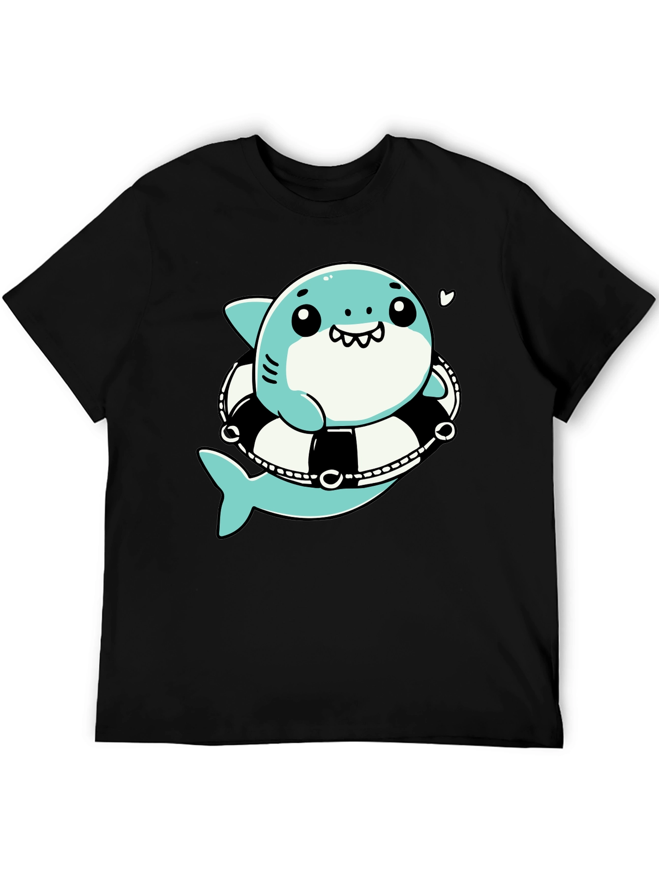 Cute Shark in Life Ring Graphic Tee - Black Cotton T-Shirt
