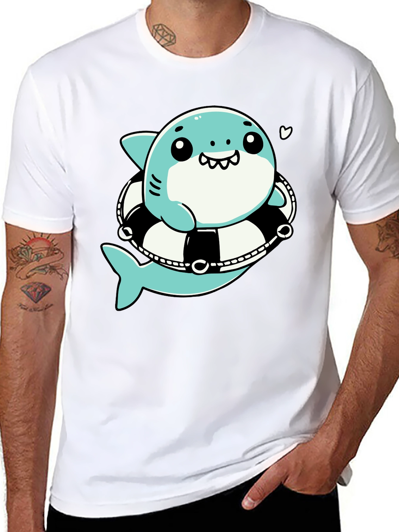 Cute Shark in Life Ring Graphic Tee - Black Cotton T-Shirt