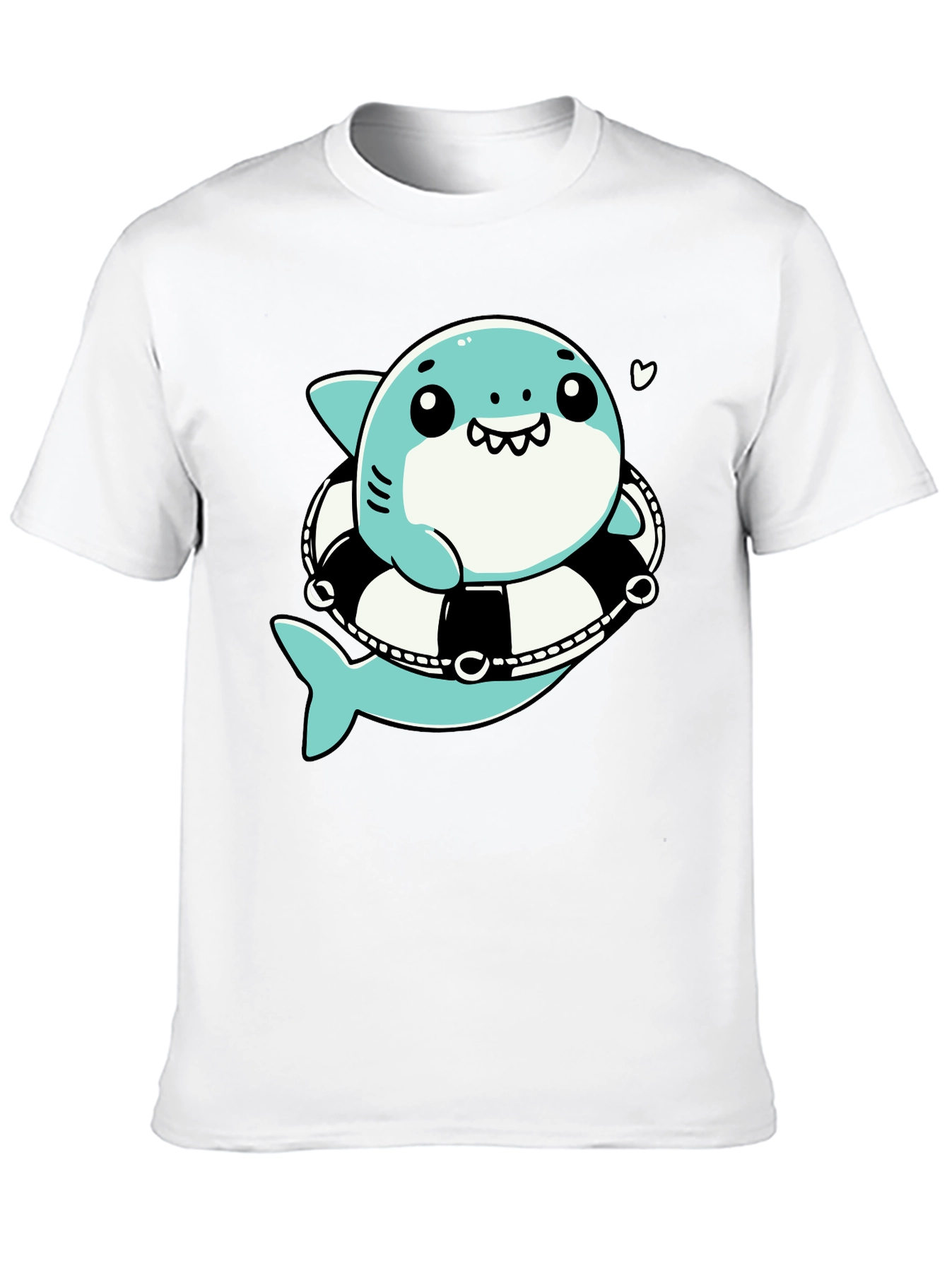 Cute Shark in Life Ring Graphic Tee - Black Cotton T-Shirt