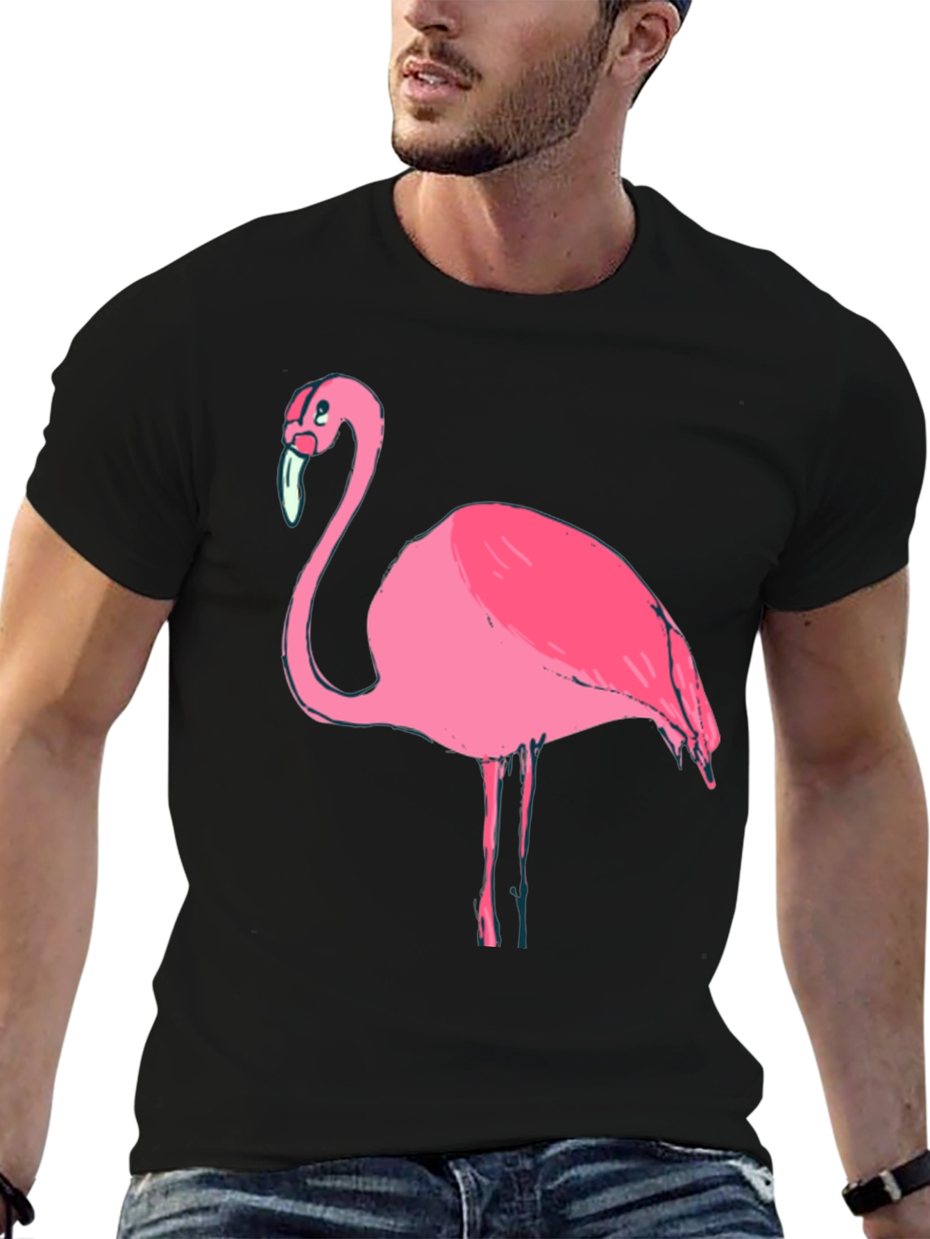 Mens Black T-Shirt with Pink Flamingo Graphic