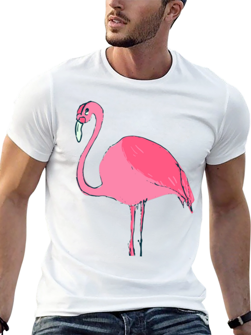 Mens Black T-Shirt with Pink Flamingo Graphic