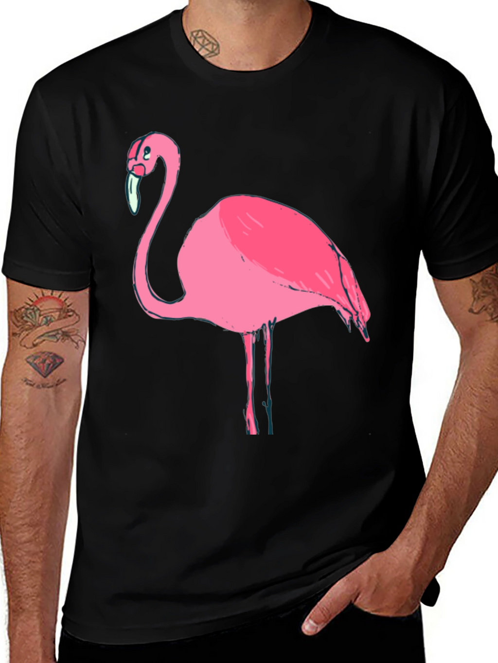 Mens Black T-Shirt with Pink Flamingo Graphic