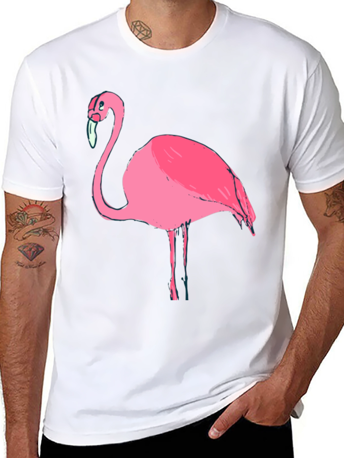 Mens Black T-Shirt with Pink Flamingo Graphic