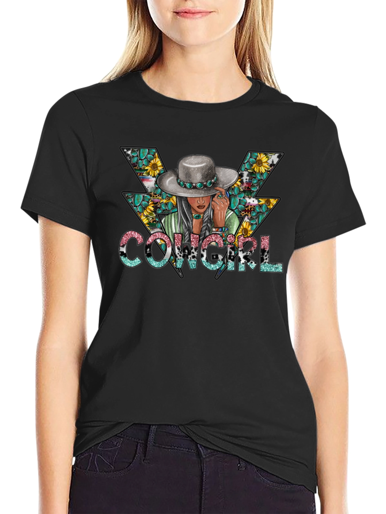 Cowgirl Graphic Tee - Western Style Black T-Shirt