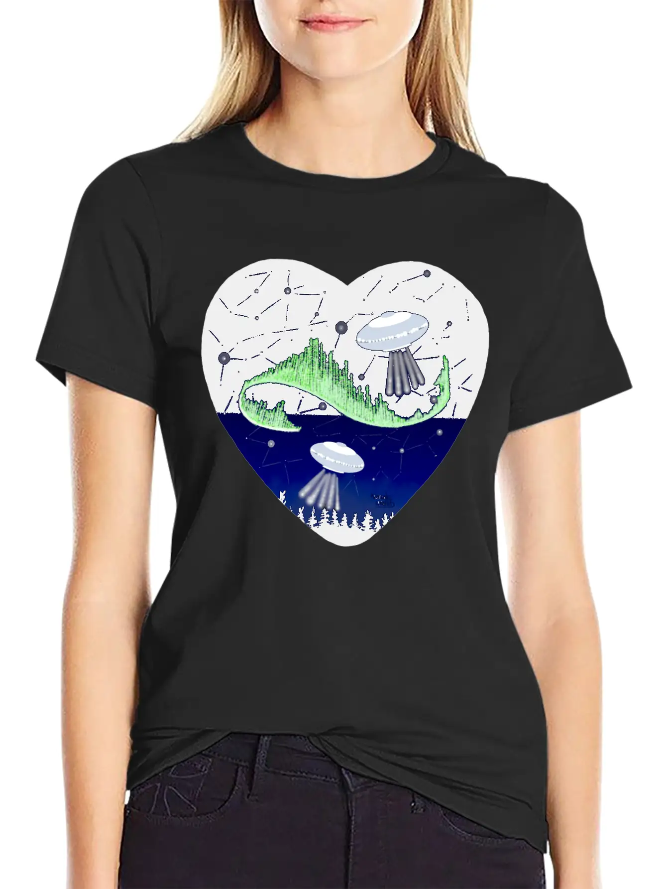 UFO And Northern Lights Unisex Short Sleeve Soft Cotton T-Shirt – Casual Everyday Wear