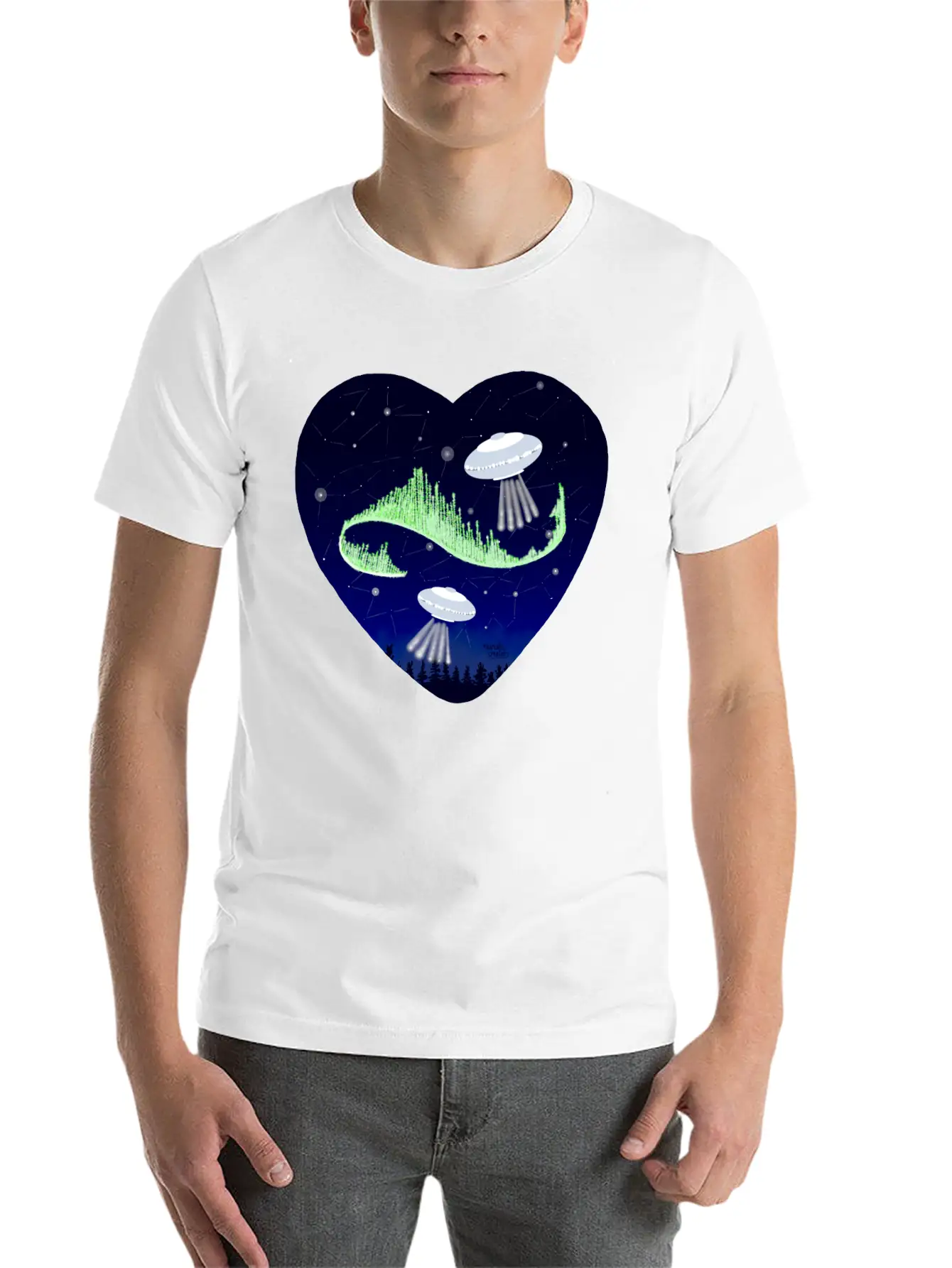 UFO And Northern Lights Unisex Short Sleeve Soft Cotton T-Shirt – Casual Everyday Wear