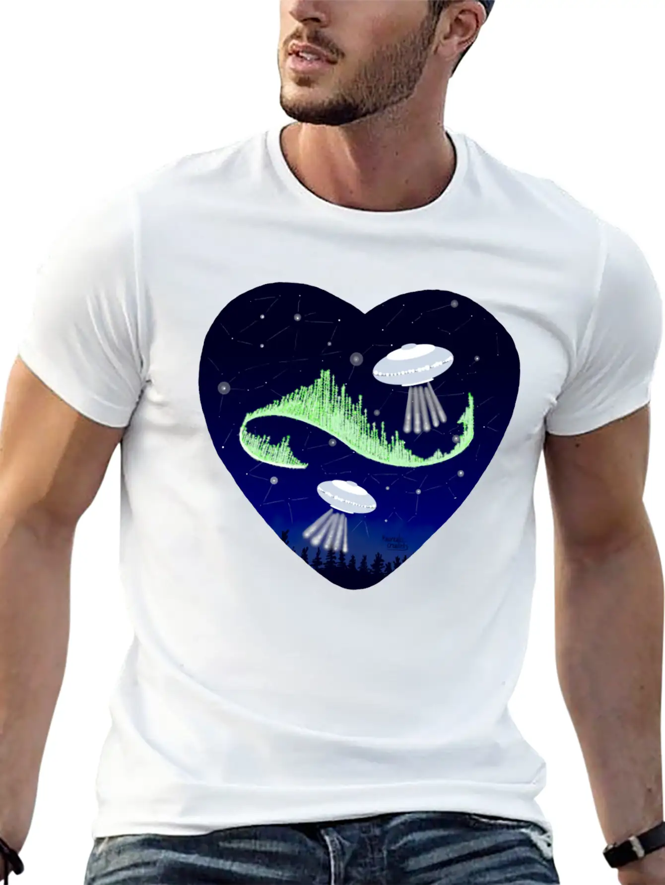 UFO And Northern Lights Unisex Short Sleeve Soft Cotton T-Shirt – Casual Everyday Wear