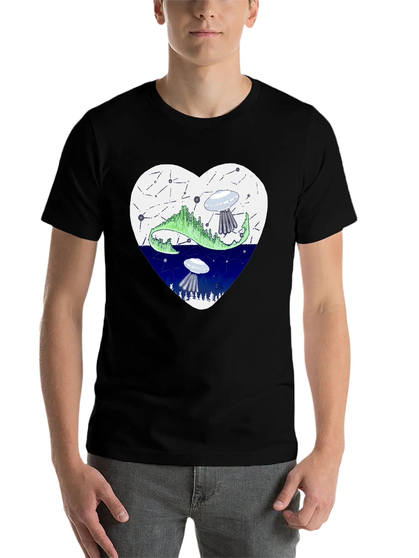 UFO And Northern Lights Unisex Short Sleeve Soft Cotton T-Shirt – Casual Everyday Wear