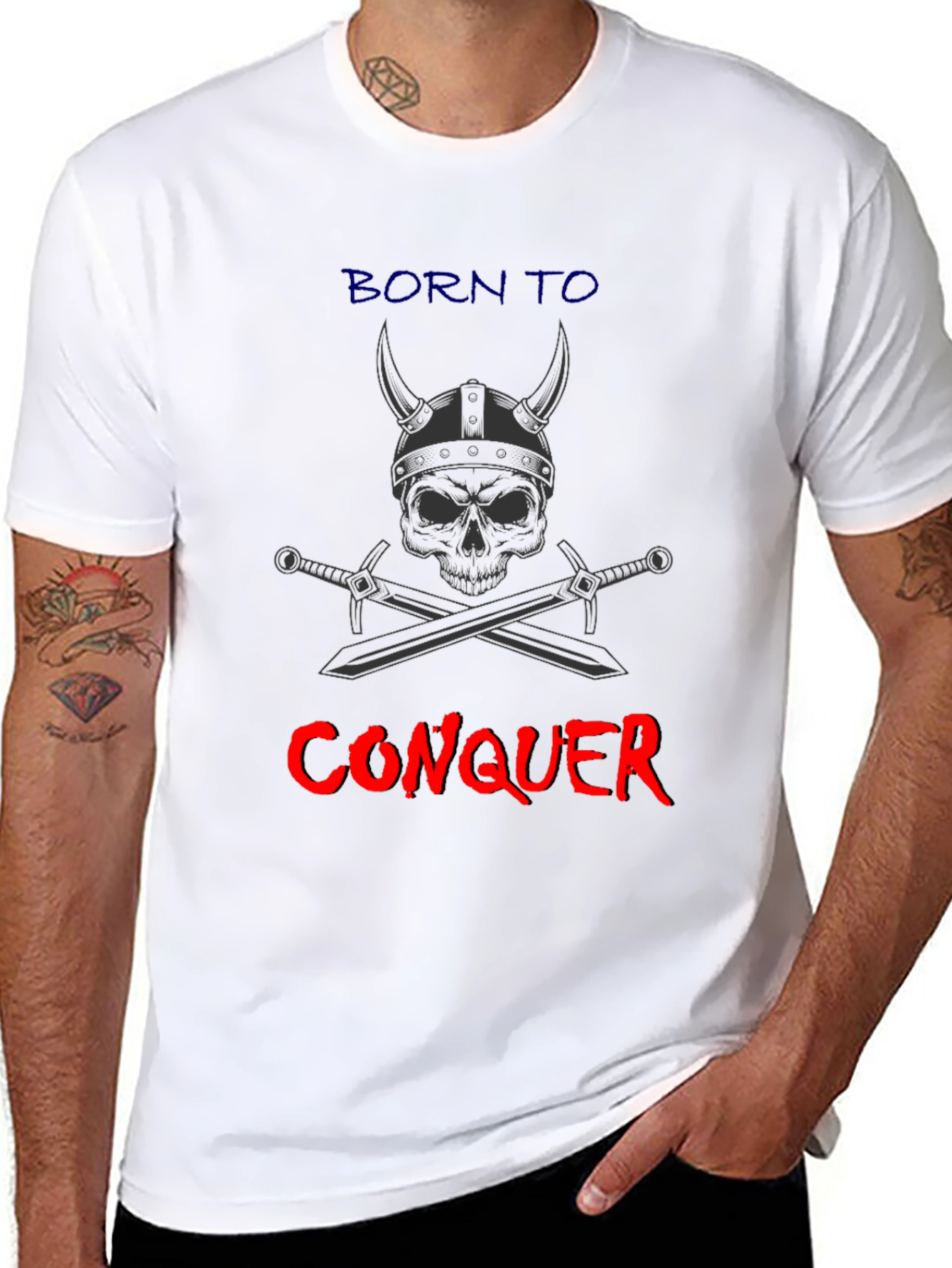 Born to Conquer T-Shirt - Viking Skull & Swords Graphic Tee