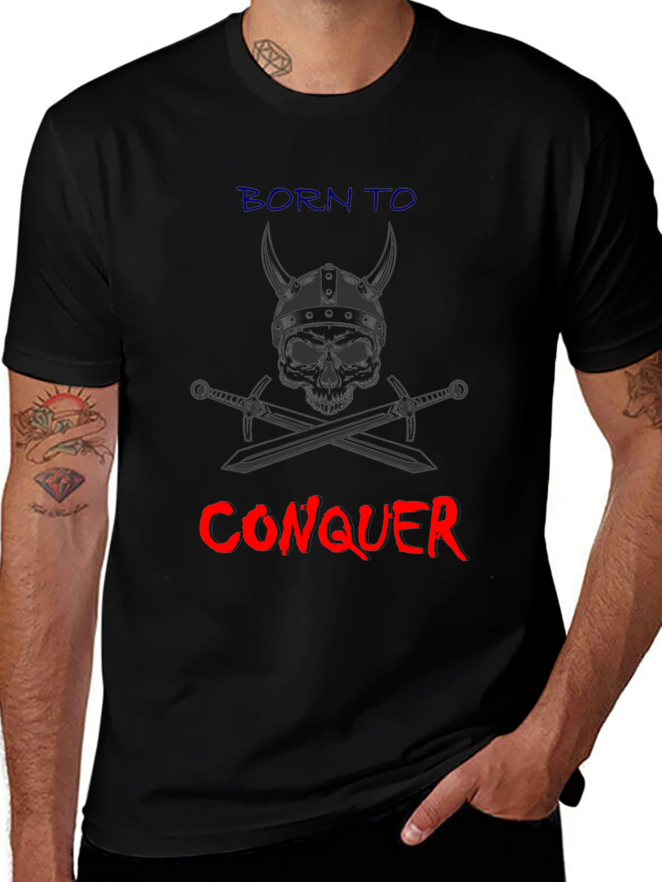 Born to Conquer T-Shirt - Viking Skull & Swords Graphic Tee