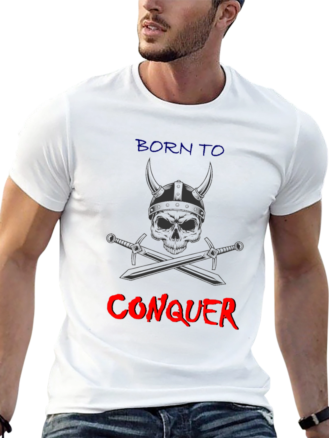 Born to Conquer T-Shirt - Viking Skull & Swords Graphic Tee