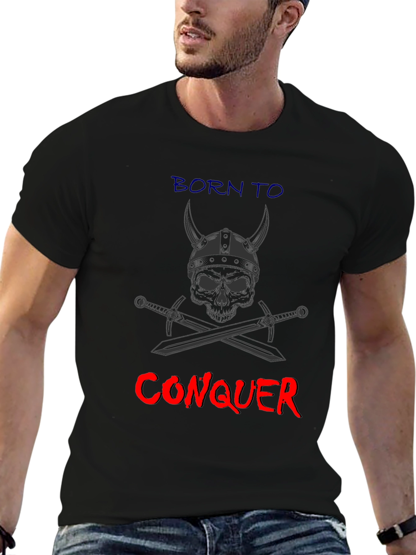 Born to Conquer T-Shirt - Viking Skull & Swords Graphic Tee