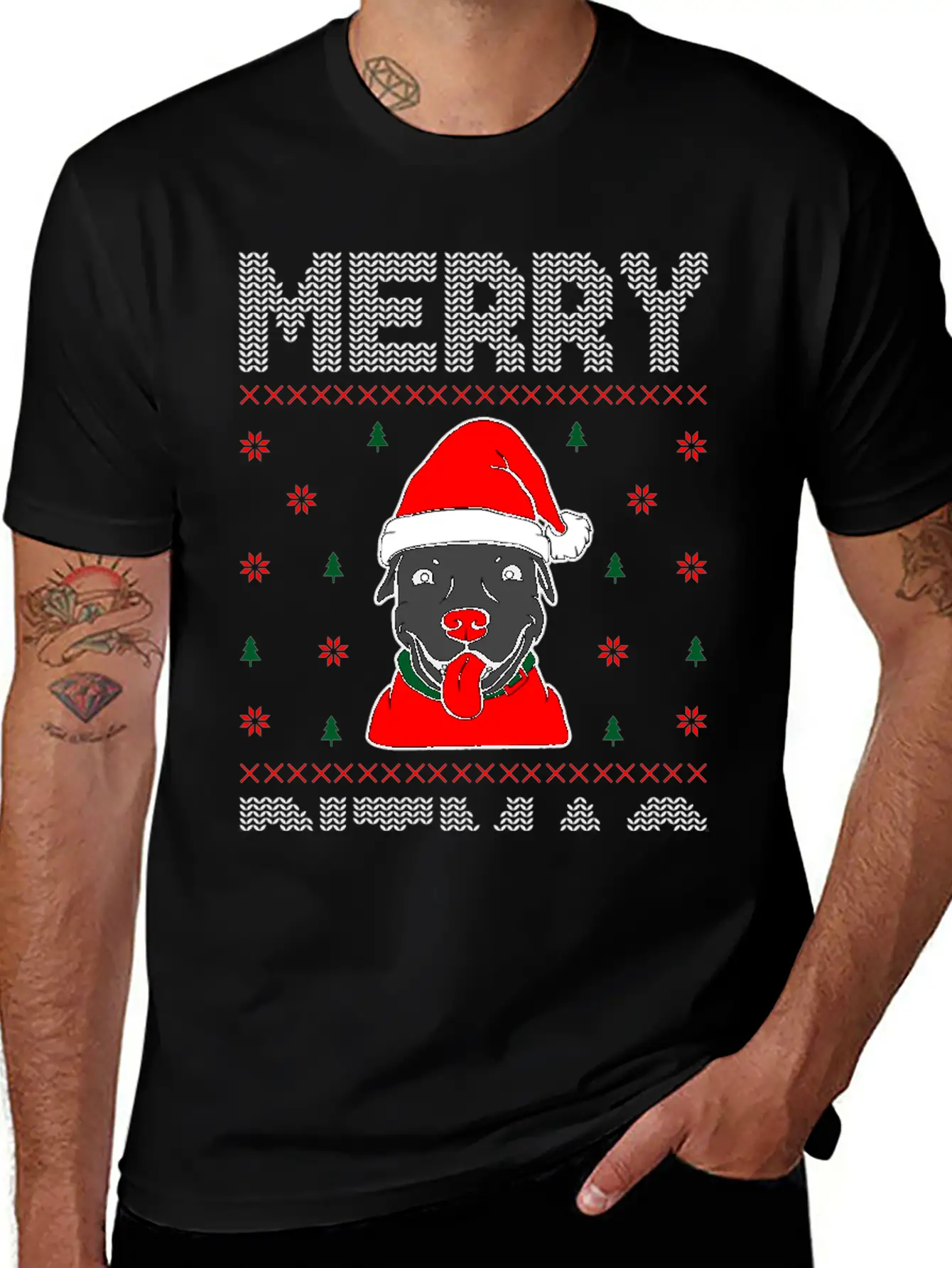 Ugly Funny Christmas Merry Pitmas Black Pitbull Unisex Short Sleeve Soft Cotton T-Shirt – Casual Everyday Wear