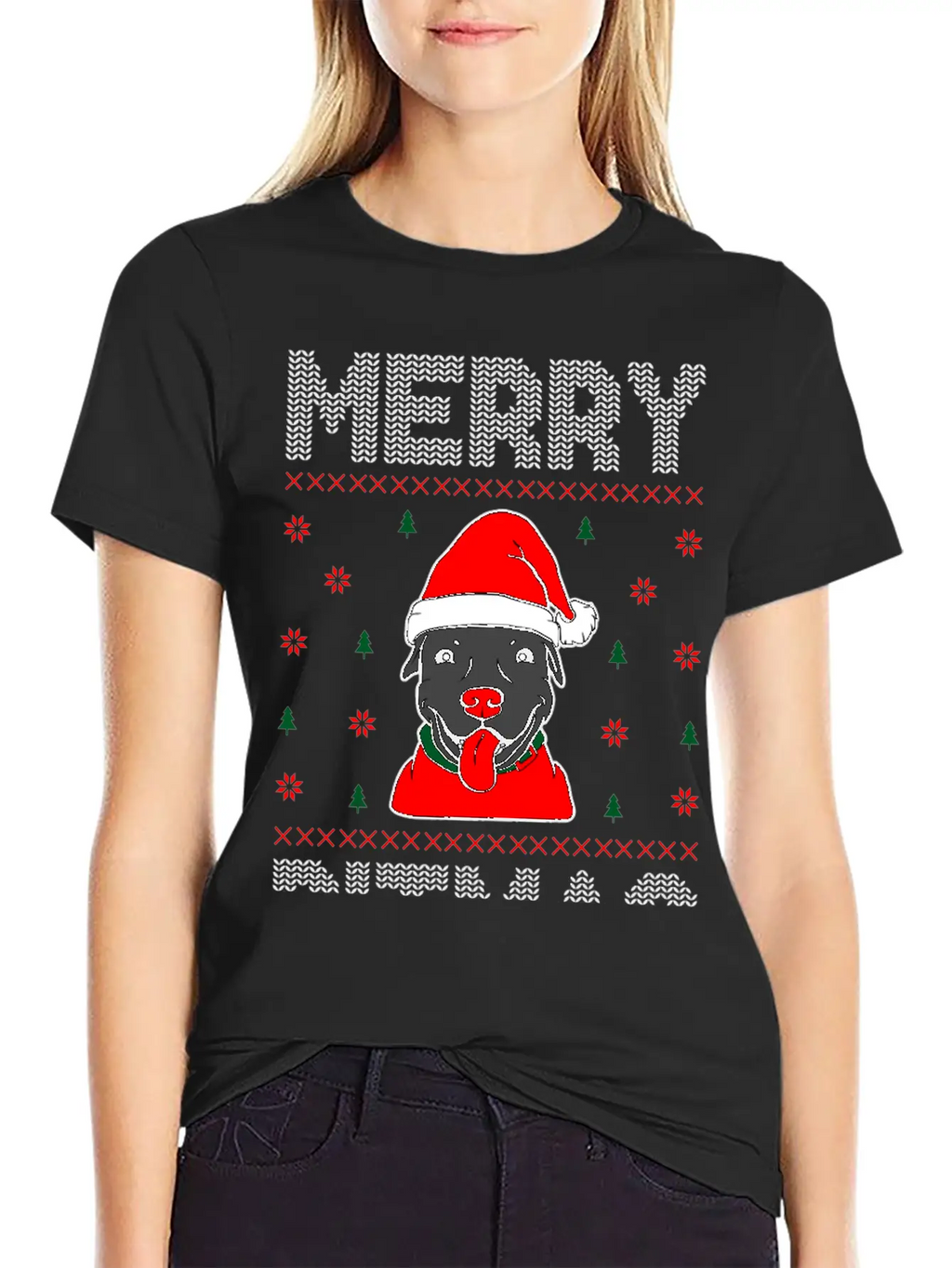 Ugly Funny Christmas Merry Pitmas Black Pitbull Unisex Short Sleeve Soft Cotton T-Shirt – Casual Everyday Wear