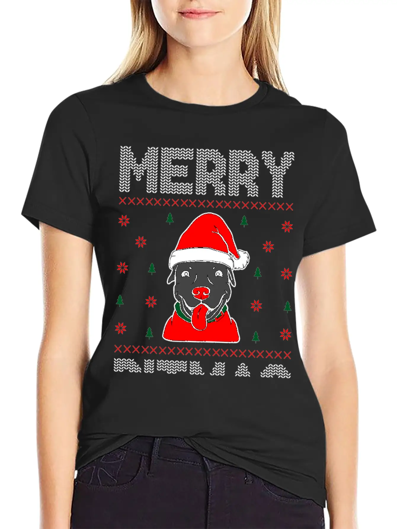 Ugly Funny Christmas Merry Pitmas Black Pitbull Unisex Short Sleeve Soft Cotton T-Shirt – Casual Everyday Wear