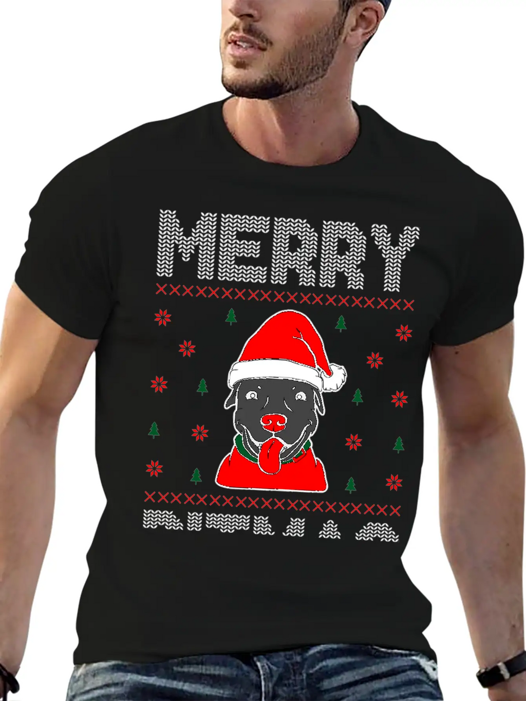 Ugly Funny Christmas Merry Pitmas Black Pitbull Unisex Short Sleeve Soft Cotton T-Shirt – Casual Everyday Wear