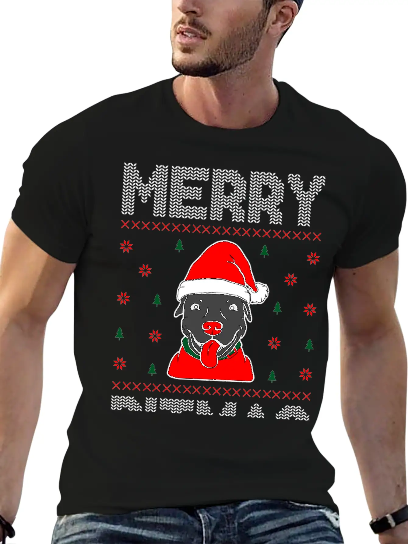 Ugly Funny Christmas Merry Pitmas Black Pitbull Unisex Short Sleeve Soft Cotton T-Shirt – Casual Everyday Wear