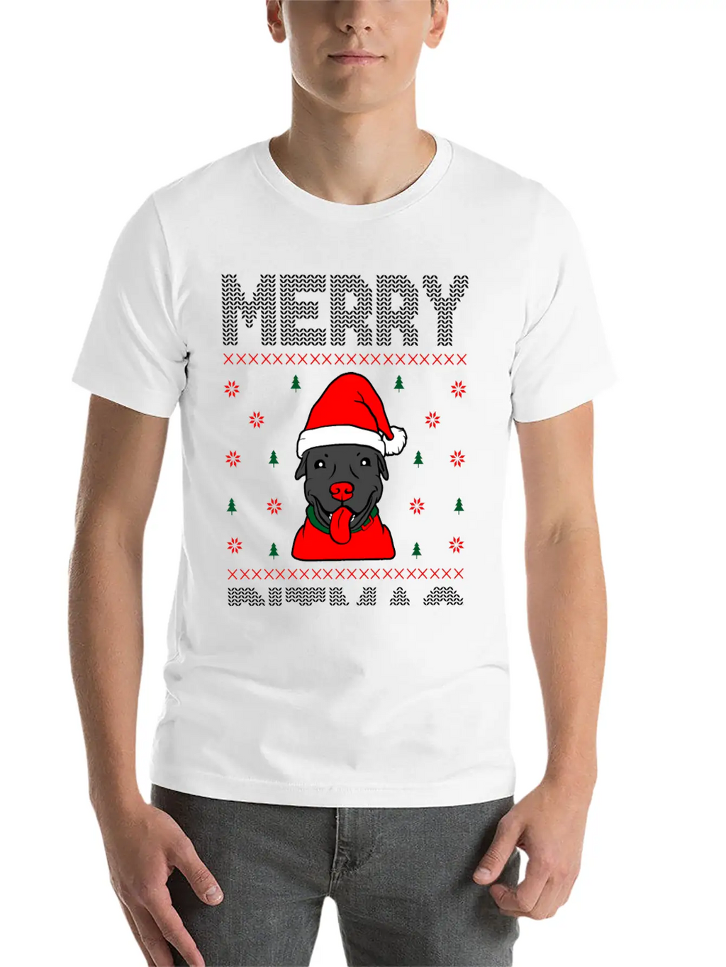 Ugly Funny Christmas Merry Pitmas Black Pitbull Unisex Short Sleeve Soft Cotton T-Shirt – Casual Everyday Wear