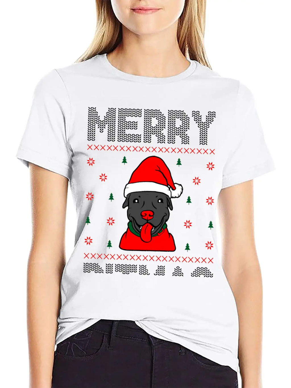 Ugly Funny Christmas Merry Pitmas Black Pitbull Unisex Short Sleeve Soft Cotton T-Shirt – Casual Everyday Wear