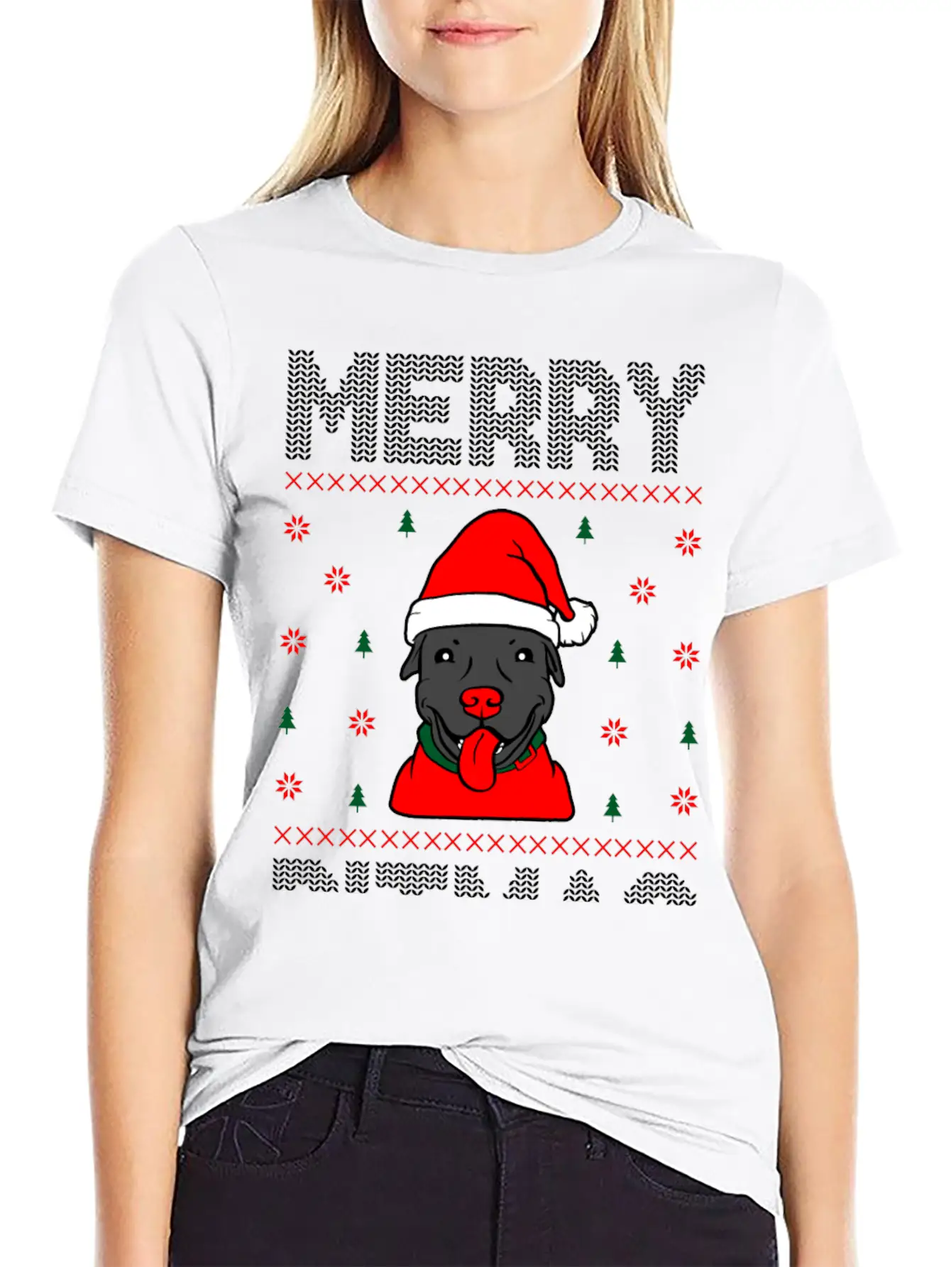 Ugly Funny Christmas Merry Pitmas Black Pitbull Unisex Short Sleeve Soft Cotton T-Shirt – Casual Everyday Wear