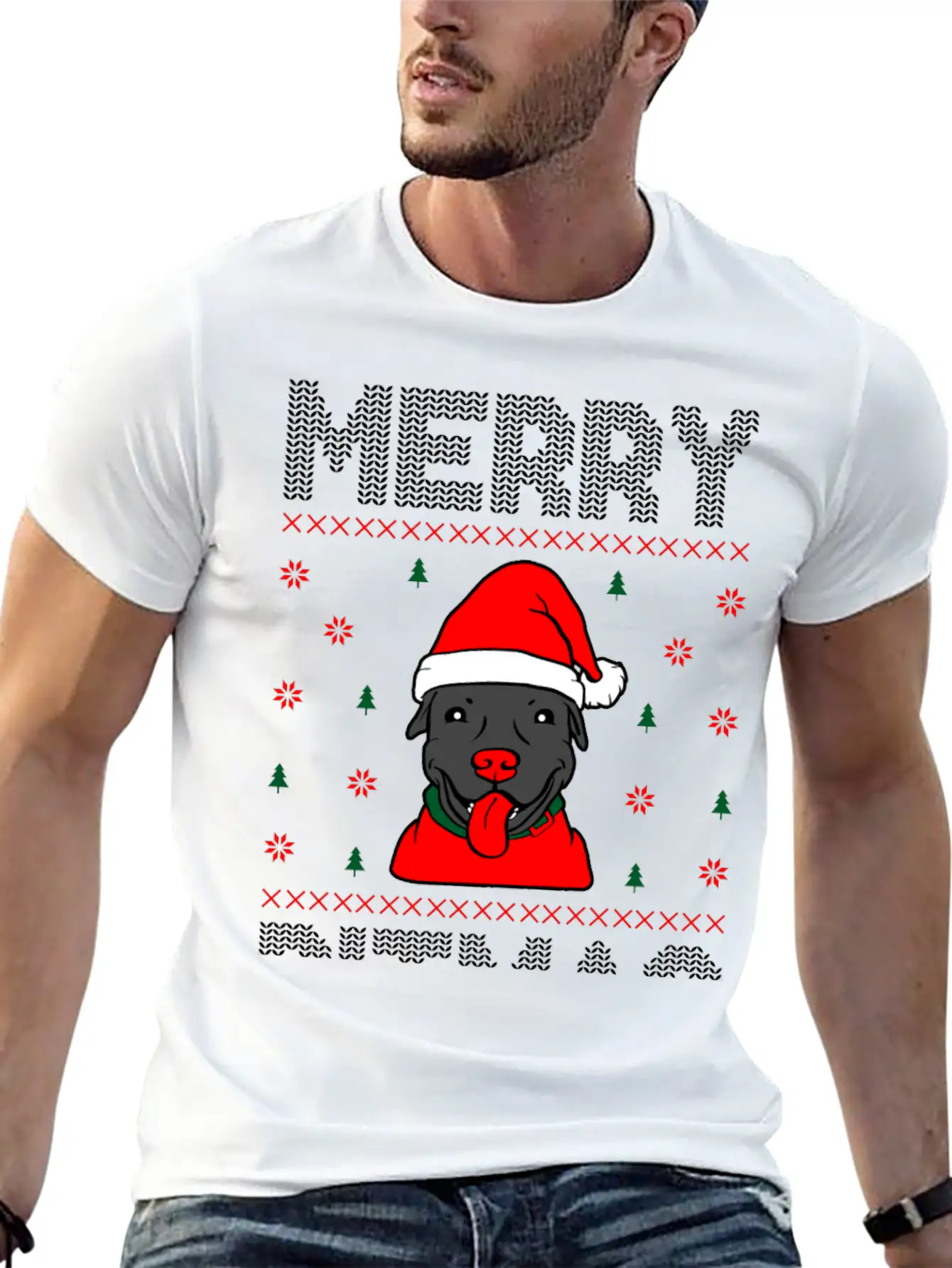 Ugly Funny Christmas Merry Pitmas Black Pitbull Unisex Short Sleeve Soft Cotton T-Shirt – Casual Everyday Wear