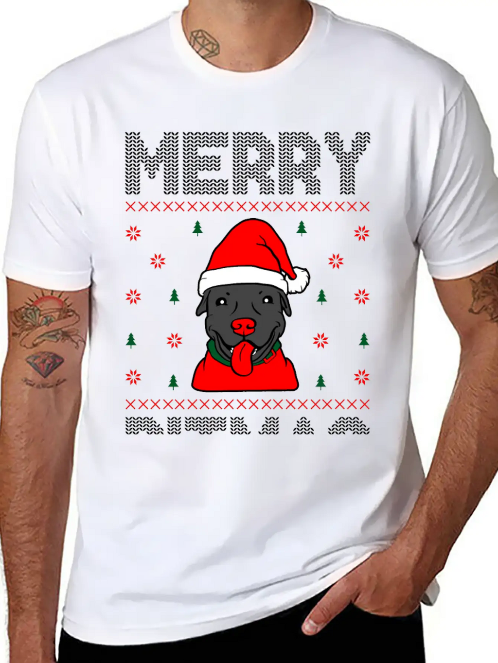 Ugly Funny Christmas Merry Pitmas Black Pitbull Unisex Short Sleeve Soft Cotton T-Shirt – Casual Everyday Wear