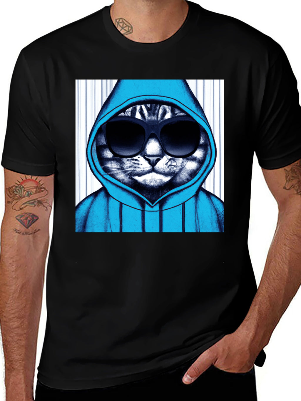 Cool Cat Hoodie Graphic Tee - Black