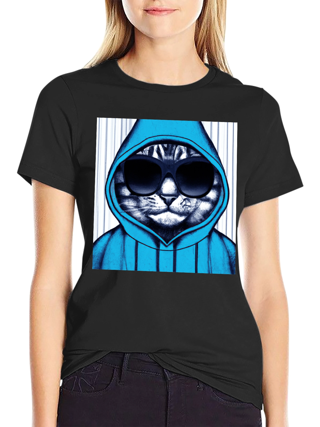 Cool Cat Hoodie Graphic Tee - Black