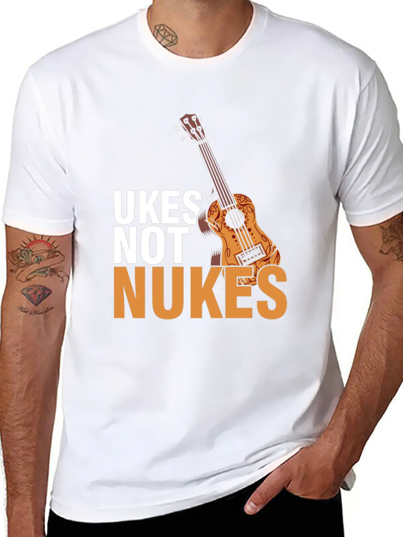 Ukes Not Nukes Ukulele Acoustic Guitar Music Gift Classic Fit Graphic Tee For Daily Comfort – Unisex Cotton Shirt