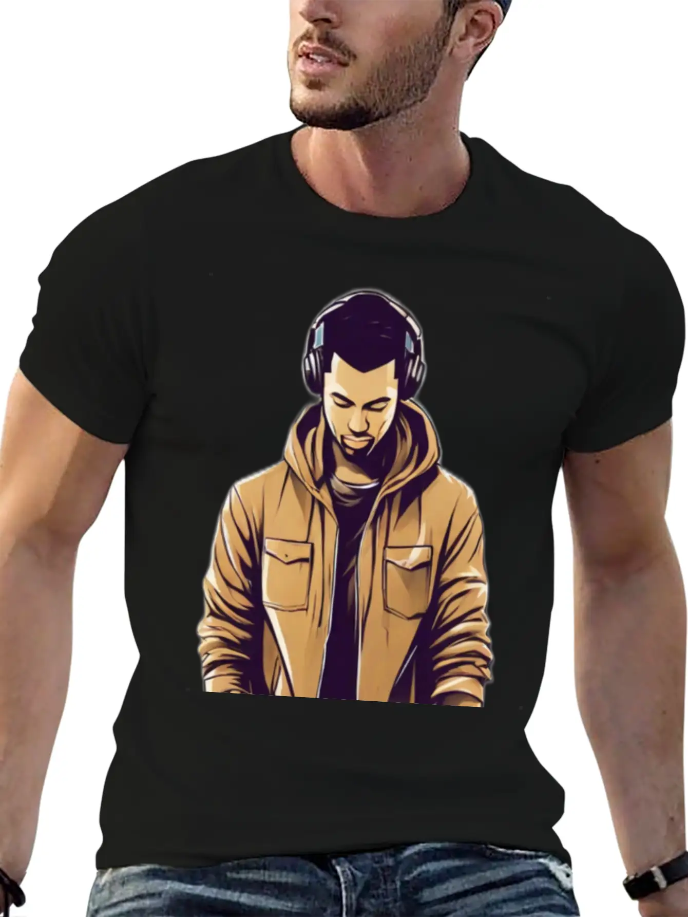 Urban Groove: DJ Cityscape Vibes T-Shirt Design Stylish Everyday T-Shirt – Unisex Basic Cotton Tee