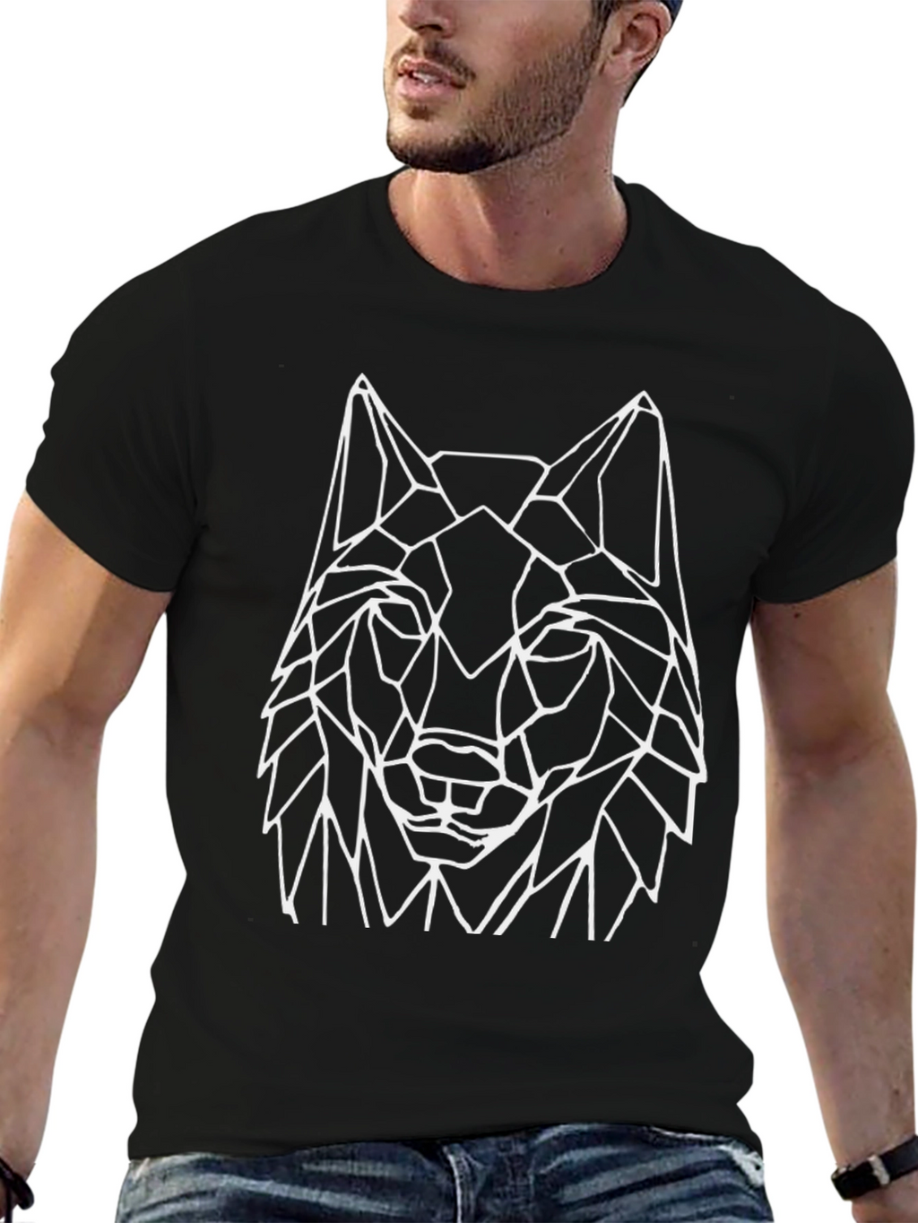 Geometric Wolf Graphic Tee - Black