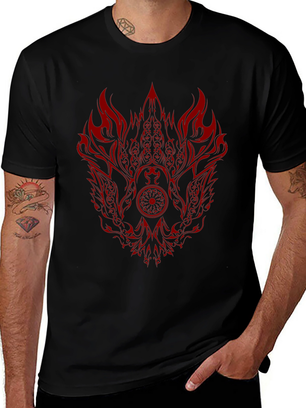 Black Tee with Red Phoenix Graphic