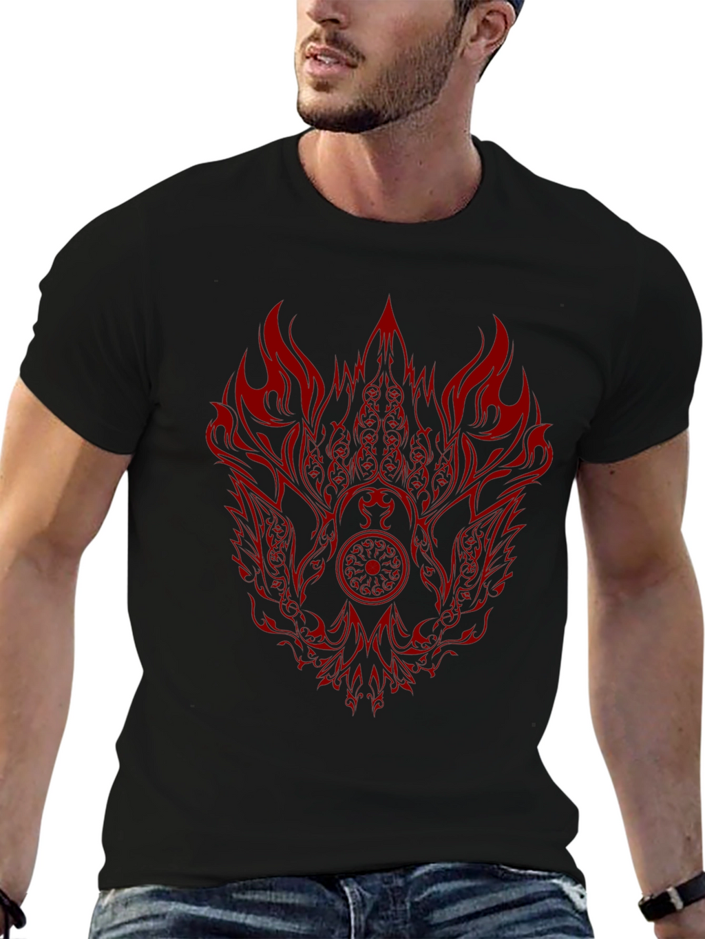 Black Tee with Red Phoenix Graphic