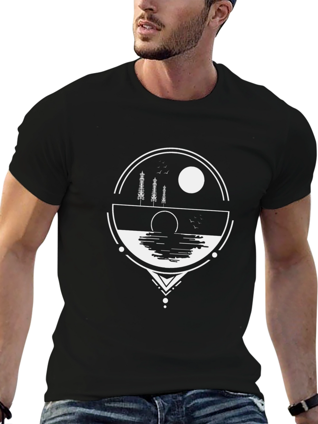 Geometric Nature Graphic Tee - Black Cotton Blend Shirt