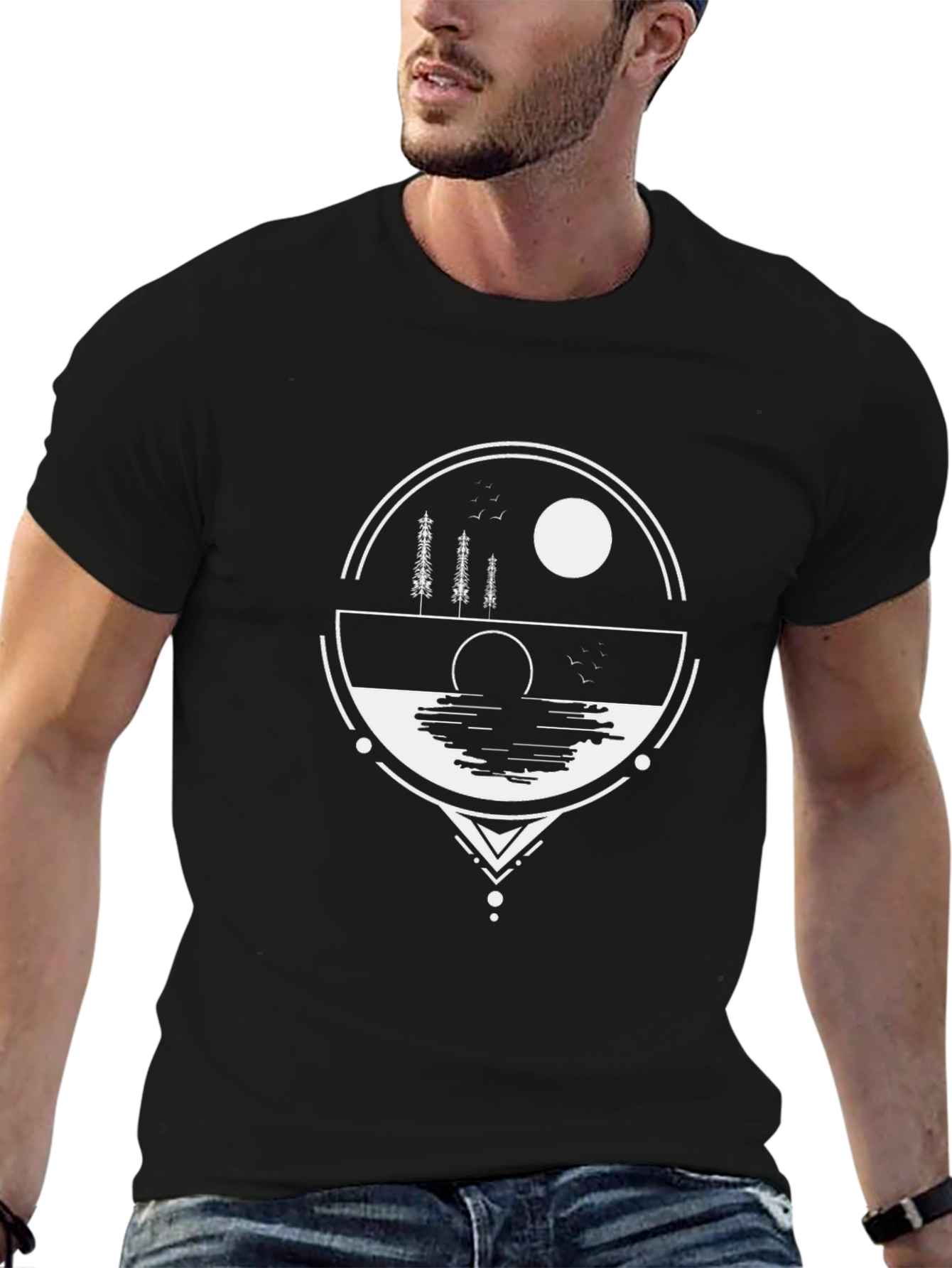 Geometric Nature Graphic Tee - Black Cotton Blend Shirt