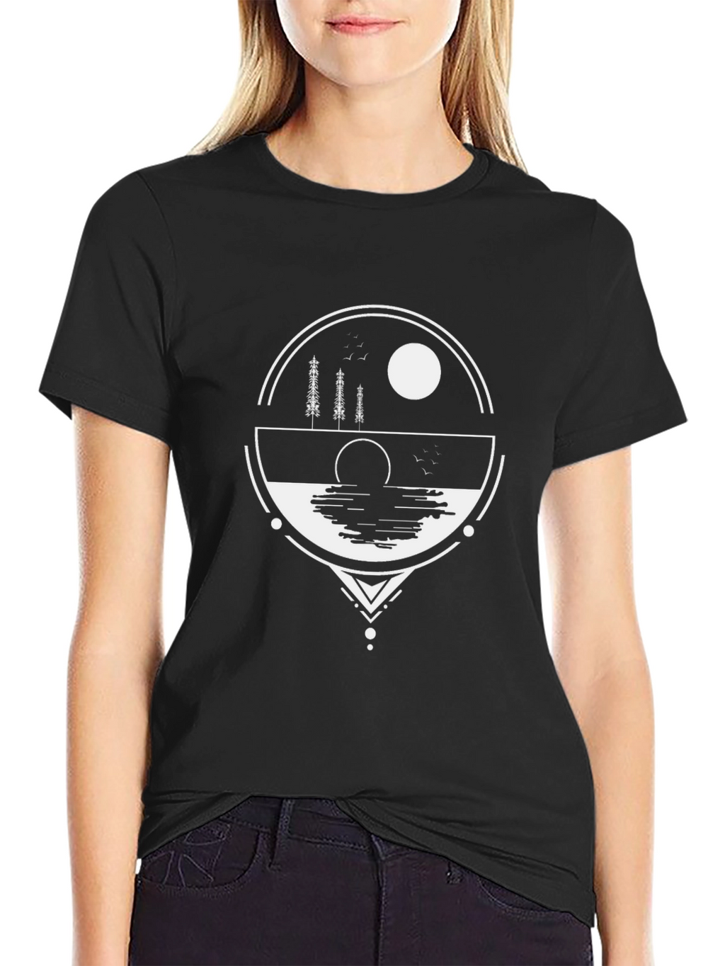 Geometric Nature Graphic Tee - Black Cotton Blend Shirt