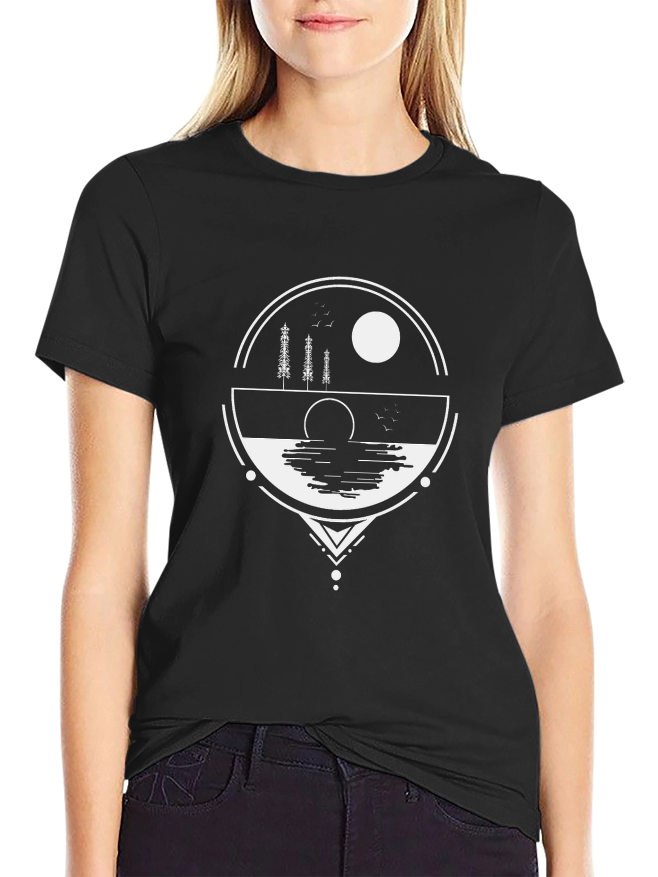 Geometric Nature Graphic Tee - Black Cotton Blend Shirt