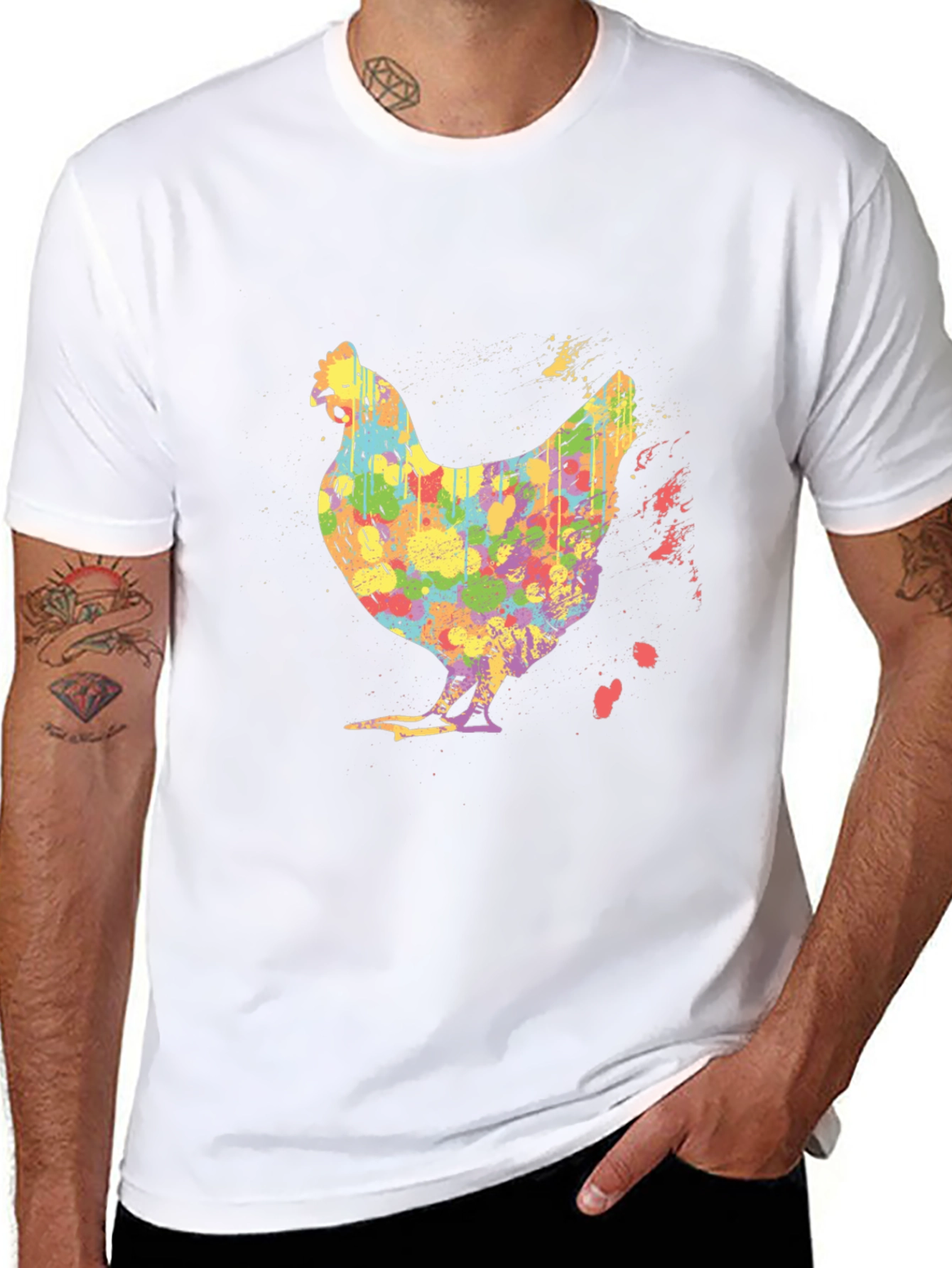 Colorful Chicken Graphic Tee - Mens Black T-Shirt