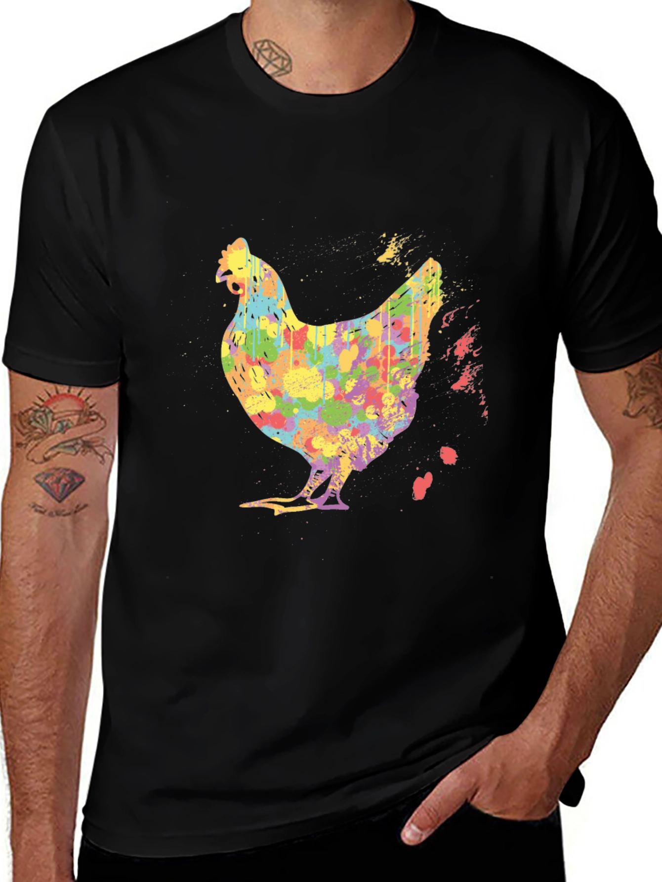 Colorful Chicken Graphic Tee - Mens Black T-Shirt