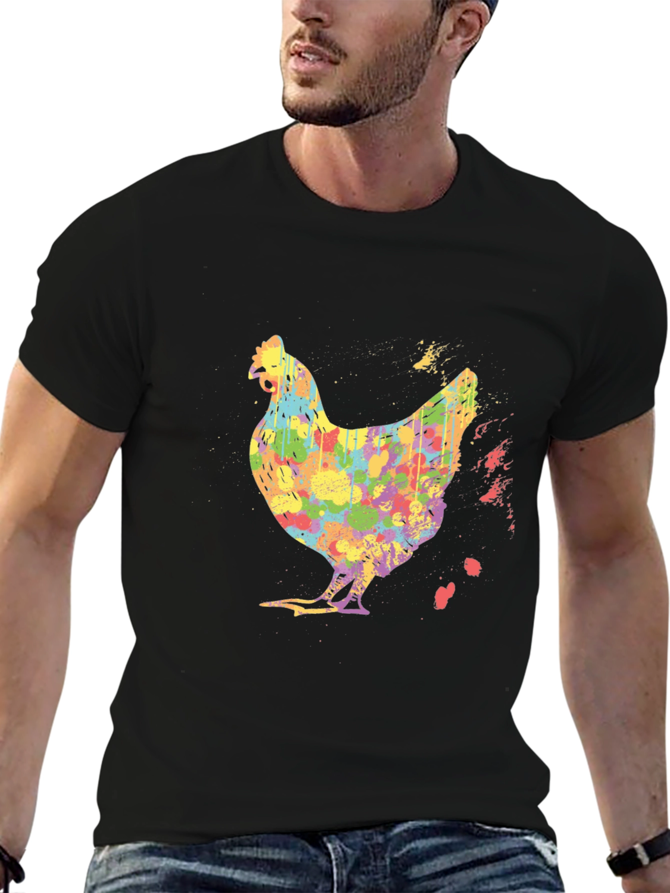 Colorful Chicken Graphic Tee - Mens Black T-Shirt