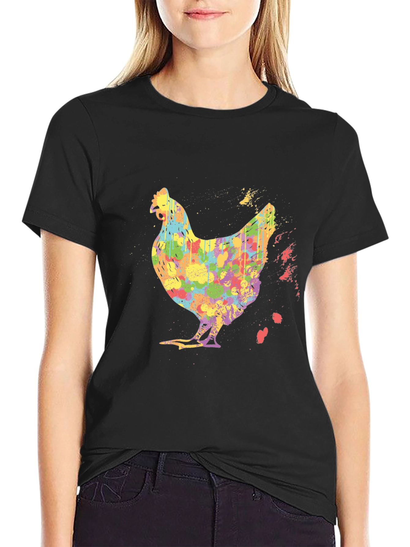 Colorful Chicken Graphic Tee - Mens Black T-Shirt