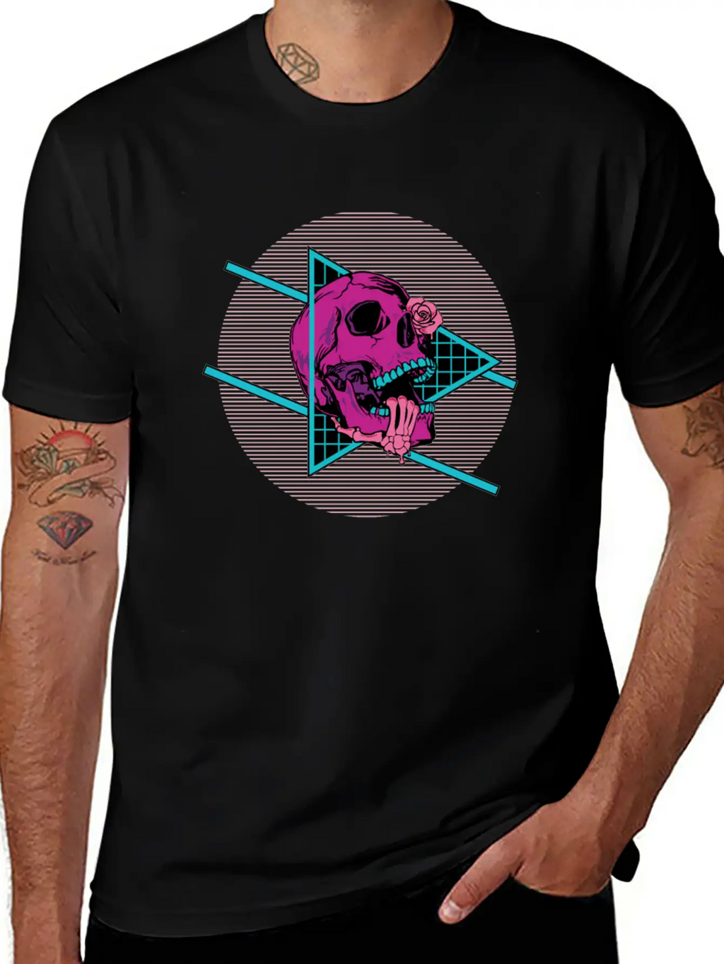 Vaporwave Synthwave Skeleton Rose Skull Unisex Short Sleeve Soft Cotton T-Shirt – Casual Everyday Wear