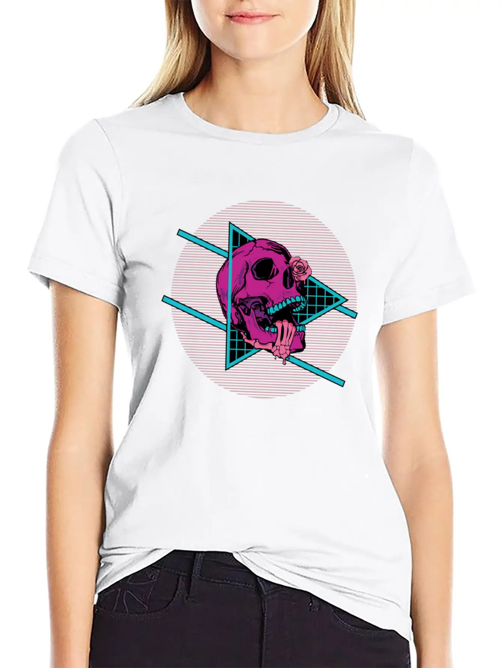 Vaporwave Synthwave Skeleton Rose Skull Unisex Short Sleeve Soft Cotton T-Shirt – Casual Everyday Wear