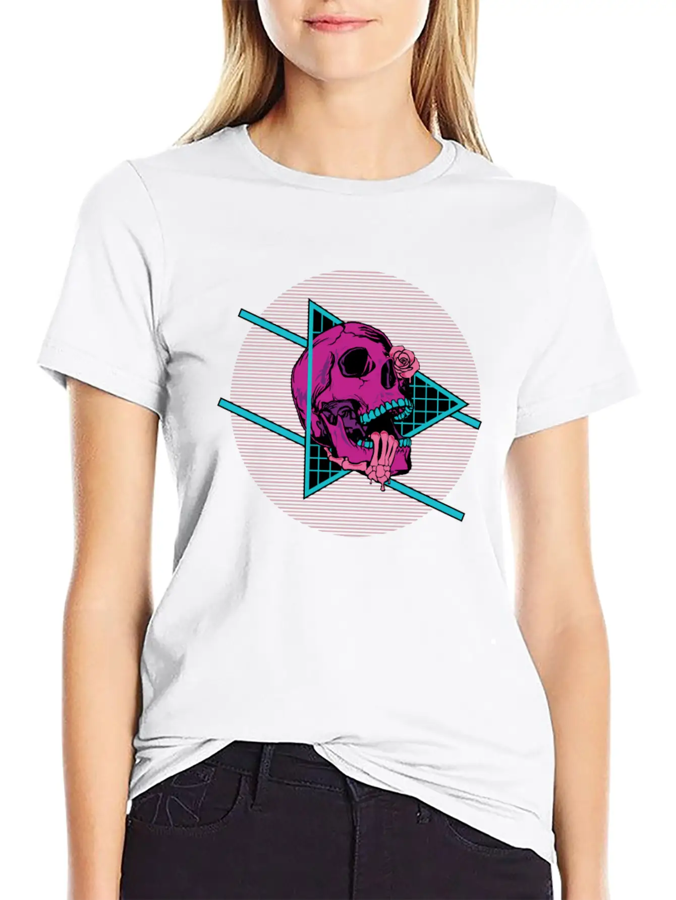 Vaporwave Synthwave Skeleton Rose Skull Unisex Short Sleeve Soft Cotton T-Shirt – Casual Everyday Wear