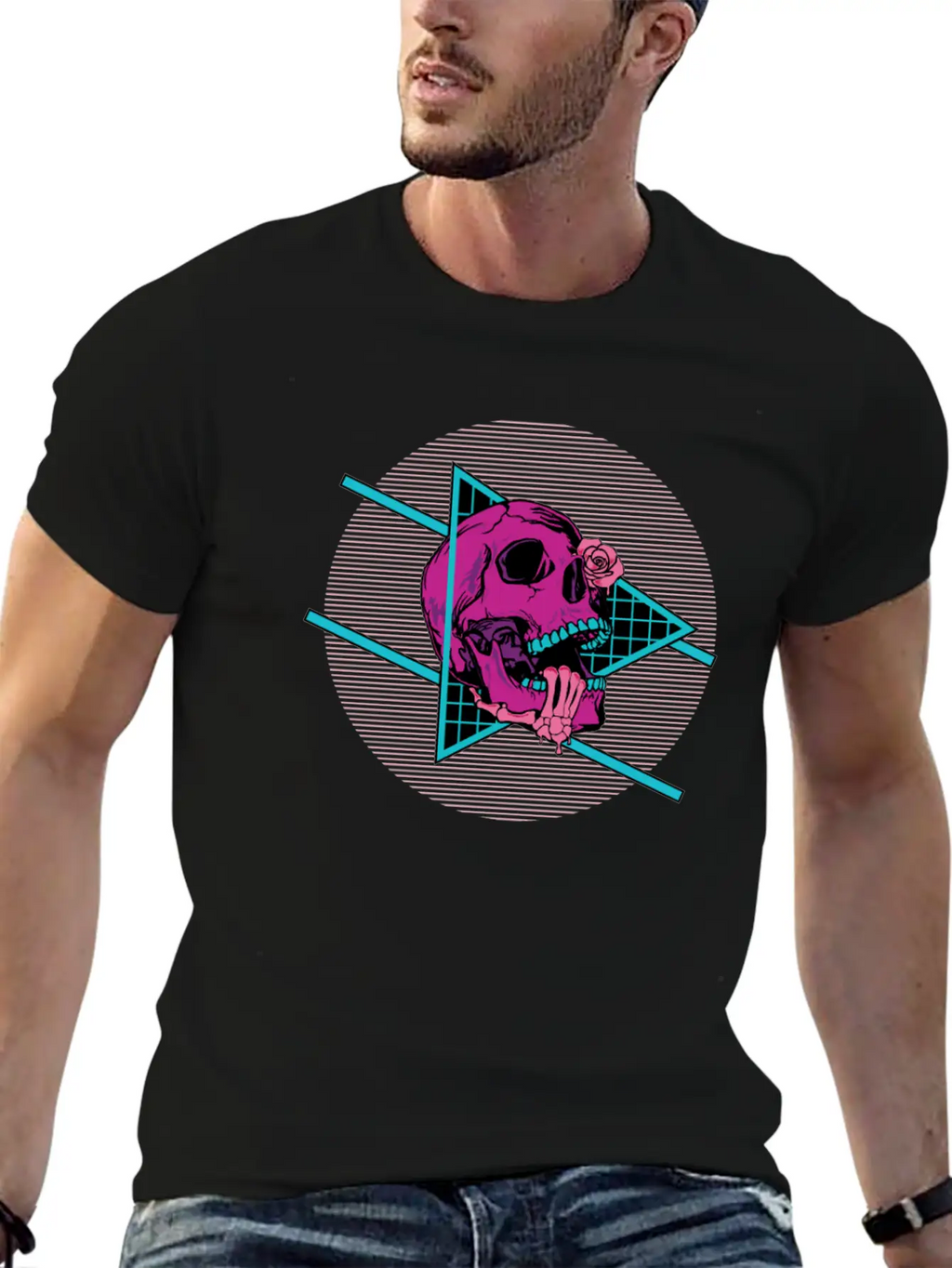 Vaporwave Synthwave Skeleton Rose Skull Unisex Short Sleeve Soft Cotton T-Shirt – Casual Everyday Wear