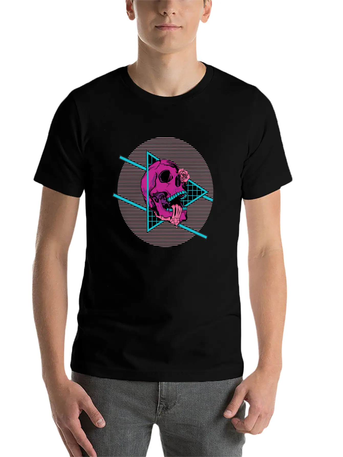 Vaporwave Synthwave Skeleton Rose Skull Unisex Short Sleeve Soft Cotton T-Shirt – Casual Everyday Wear